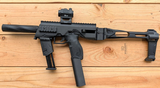 TX22 MTN2 Bundle featuring modular MTN2 chassis, backplate, charging handle, push-button brace, and magazine extensions for enhanced accuracy and control