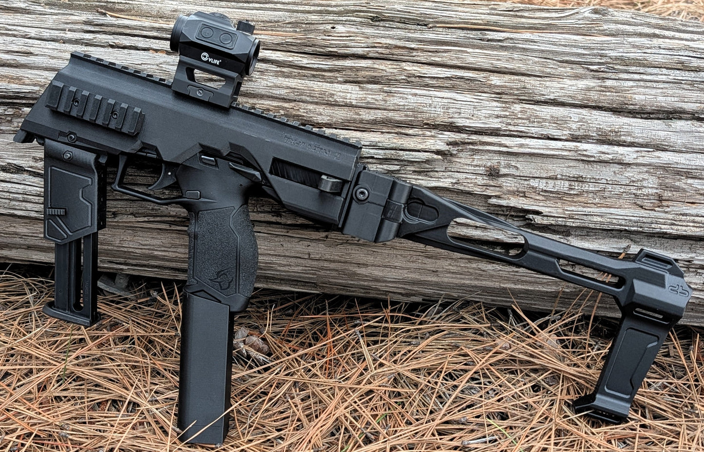 TX22 Chassis & Brace upgrade kit with modular MTN2 chassis, folding brace, and rapid reload mag holder for enhanced control and accuracy