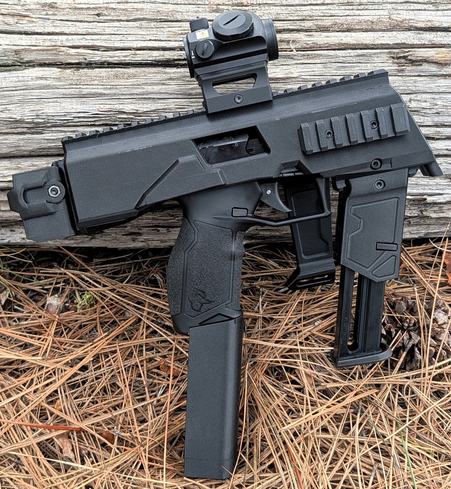 TX22 MTN2 Bundle showing modular chassis, brace, mag holder, and magazine extensions for enhanced firearm performance