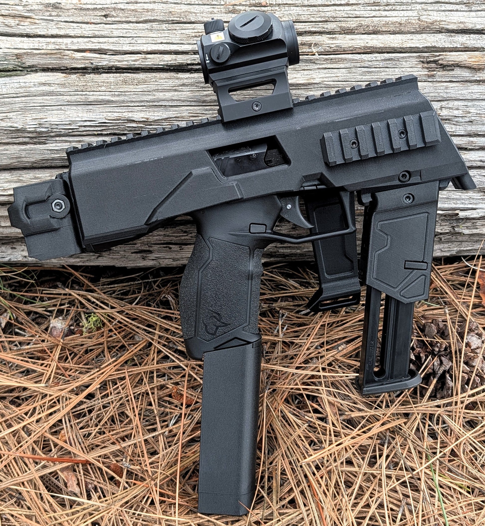 TX22 MTN2 Bundle showing modular chassis, brace, mag holder, and magazine extensions for enhanced firearm performance